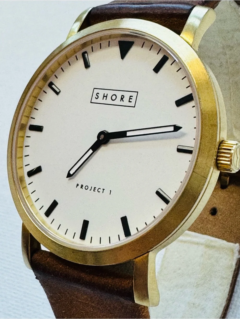 SHORE Projects POOLE Sapphire Crystal 39mm Men's Gold White Watch Brown Leather